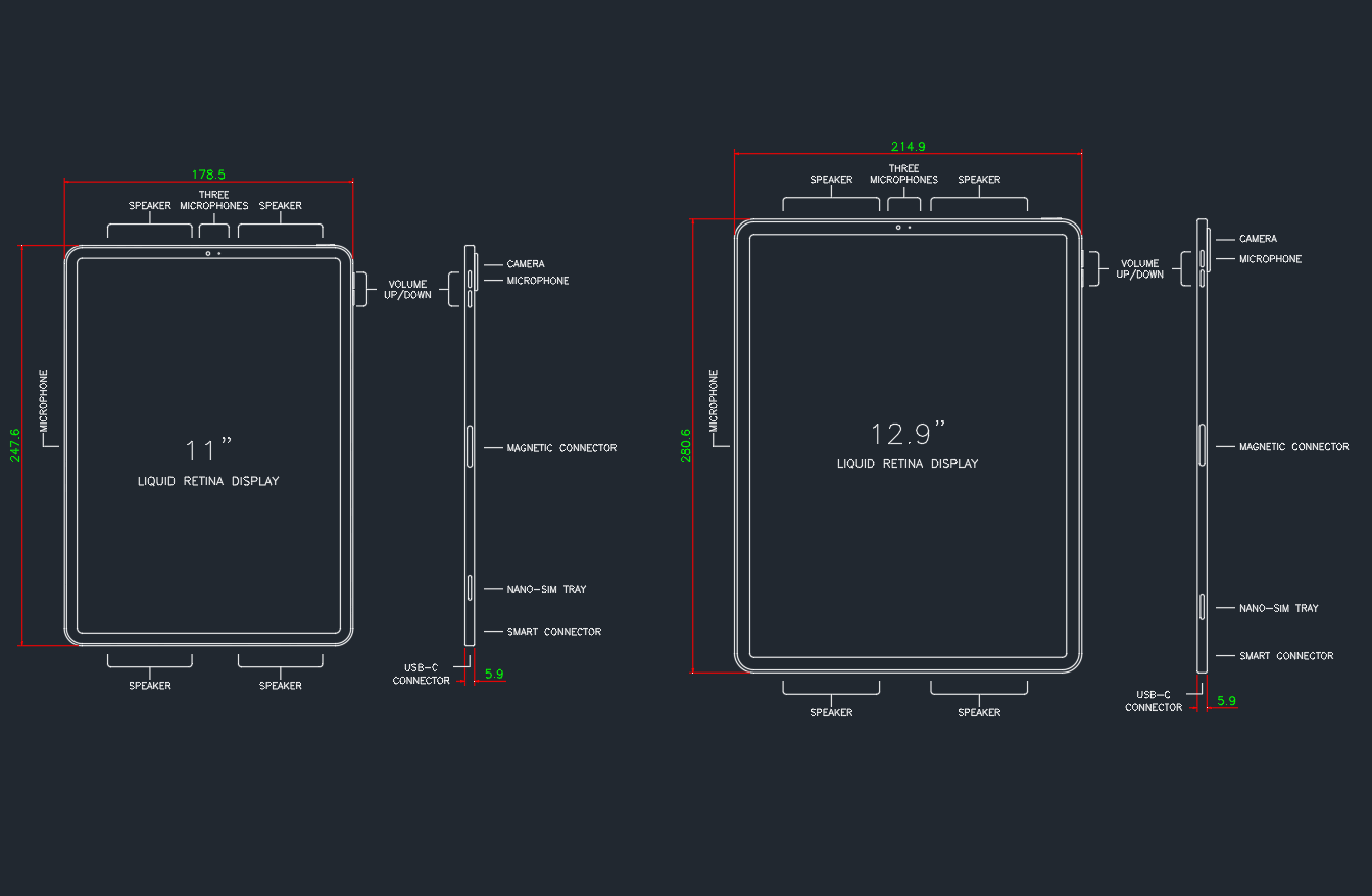 Apple iPad Pro Size Dimension DWG CAD Block for AutoCAD