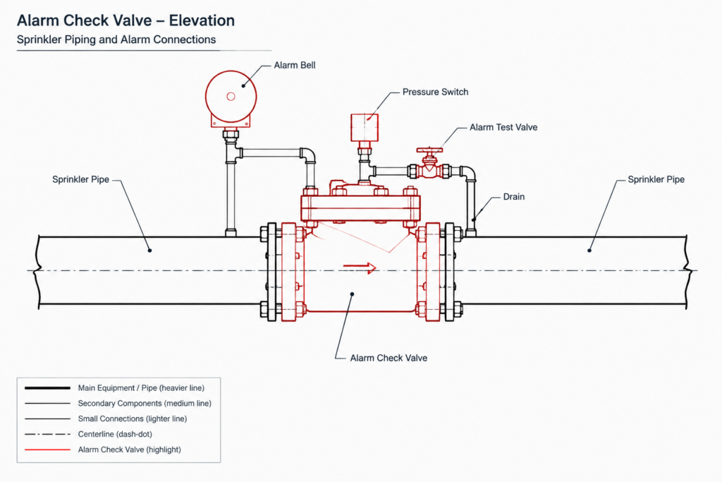 Alarm Check Valve Detail DWG – AutoCAD Drawing for Fire Systems electrical CAD illustration