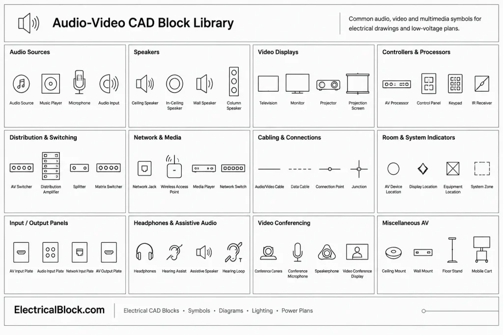 Audio and Video Symbols DWG CAD Blocks for AutoCAD Drawing electrical CAD illustration