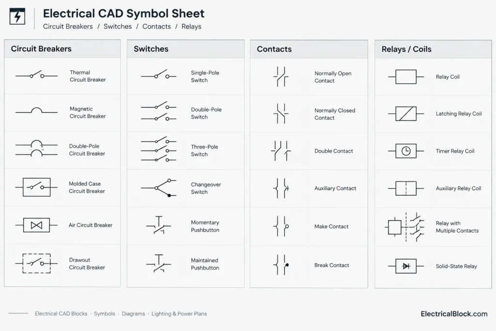 AutoCAD Electrical Symbols: Circuit Breaker, Switch, Relay & More electrical CAD illustration