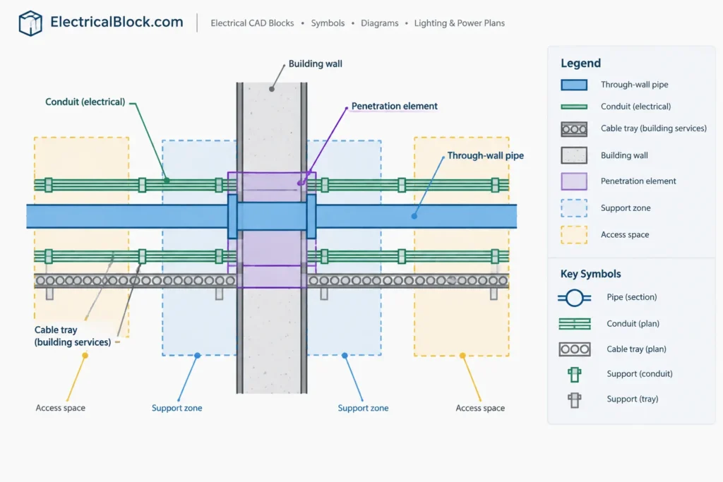 AutoCAD Typical Installation Details: Pipe Support Through-Wall electrical CAD illustration