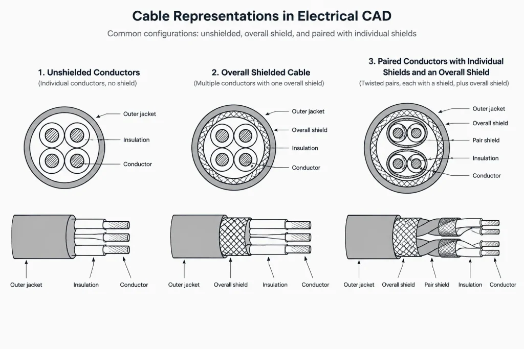 Cable Shield and Drain Wire Documentation in CAD: Schematics, Terminations, and Schedules electrical CAD illustration