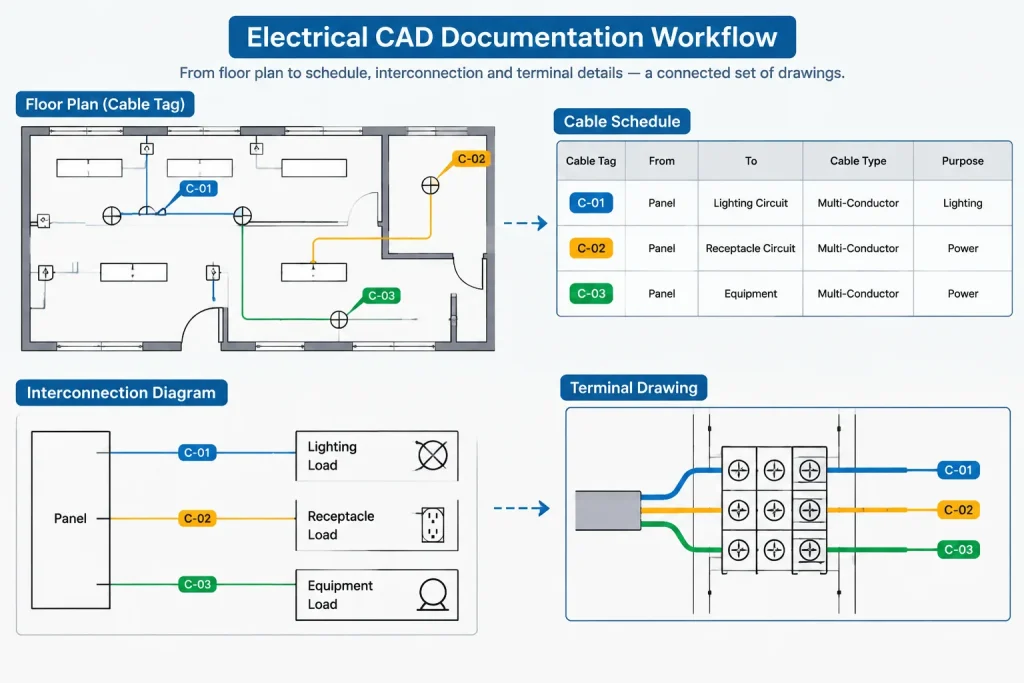 Cable Shield and Drain Wire Documentation in CAD: Schematics, Terminations, and Schedules electrical CAD illustration