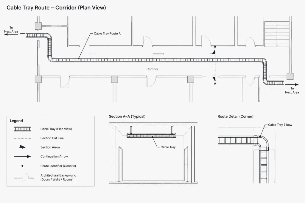 Cable Tray Cross-Sections in CAD: Documenting Cable Zones, Routing, and Coordination electrical CAD illustration