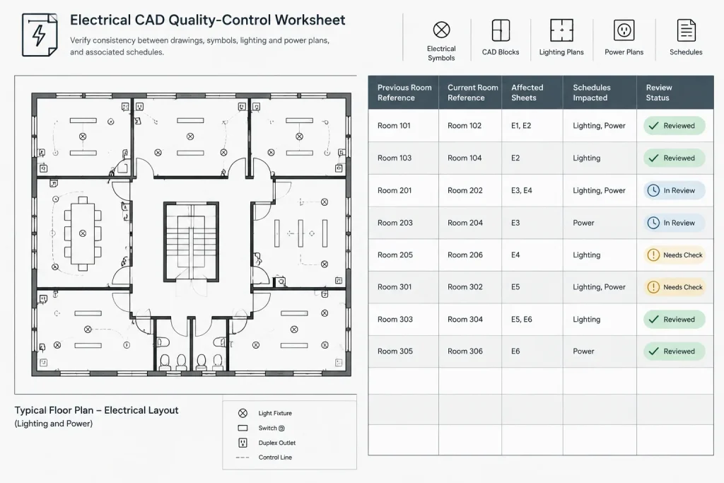 Coordinating Electrical CAD Plans with Architectural Room Names and Numbers electrical CAD illustration