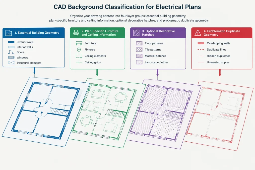 Electrical CAD Background Cleanup: Controlling Hatches, Duplicate Lines, and Unneeded Detail electrical CAD illustration