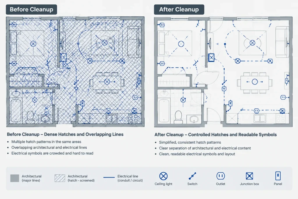 Electrical CAD Background Cleanup: Controlling Hatches, Duplicate Lines, and Unneeded Detail electrical CAD illustration