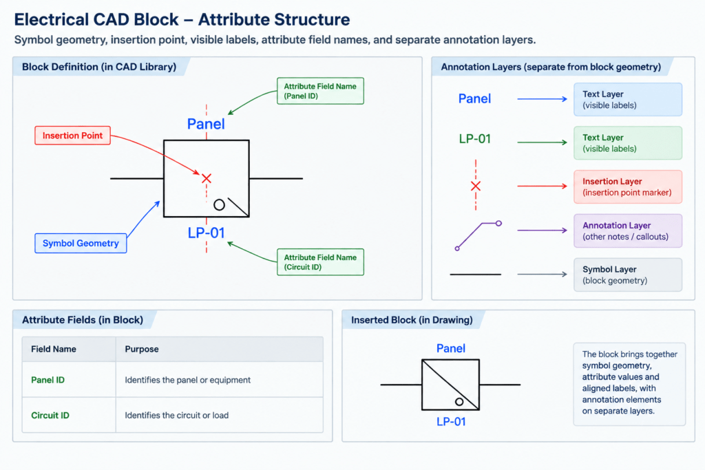 Electrical CAD Block Attributes: How to Create Smarter Symbols and Reliable Schedules electrical CAD illustration