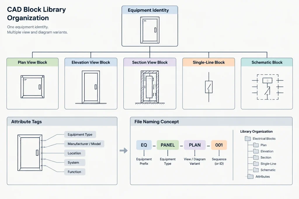 Electrical CAD Block Families: Coordinating Plan, Elevation, Section, and Diagram Symbols electrical CAD illustration