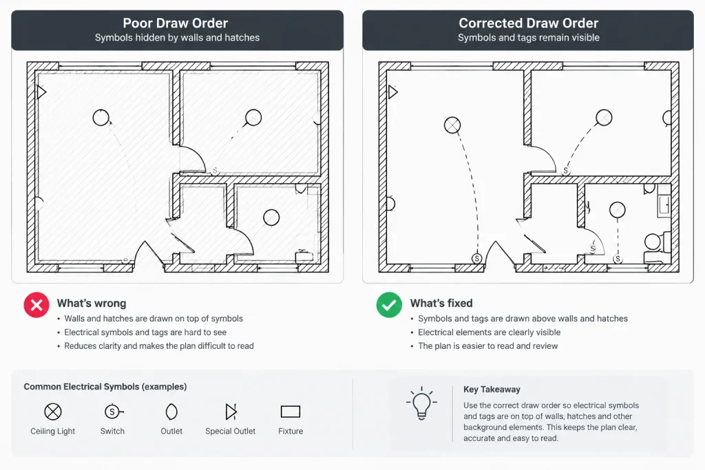 Electrical CAD Draw Order, Background Screening, and Masks: A Practical Plan-Readability Guide electrical CAD illustration
