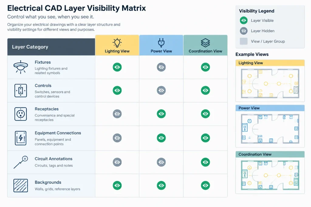Electrical CAD Layer States and Visibility Control: Creating Plan Types Without Duplicate Geometry electrical CAD illustration
