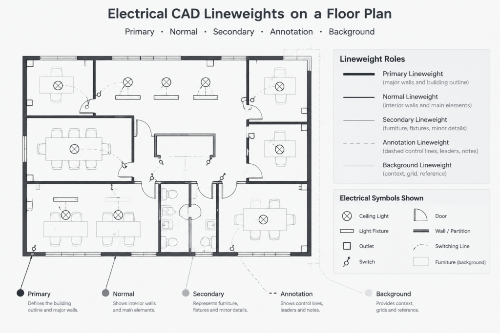 Electrical CAD Lineweights, Linetypes, and Plot Hierarchy: A Practical Drafting Guide electrical CAD illustration