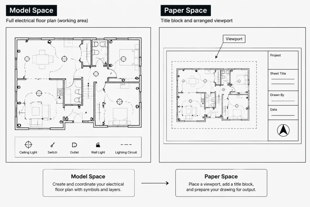 Electrical CAD Sheet Setup: Coordinating Model Space, Paper Space, and Viewports electrical CAD illustration