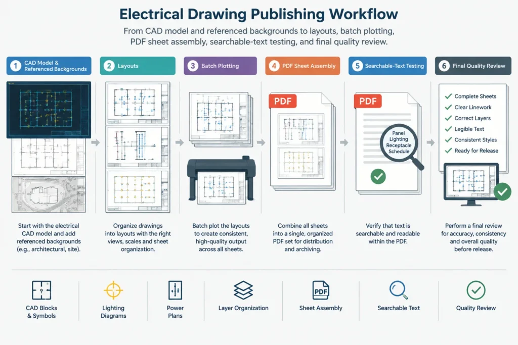 Electrical CAD to PDF Workflow: Producing Clear, Searchable, and Reviewable Drawing Sets electrical CAD illustration