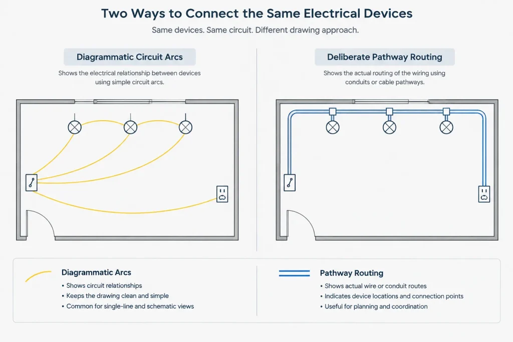 Electrical Circuiting Linework in CAD: Arcs, Polylines, Home Runs, and Routing Intent electrical CAD illustration