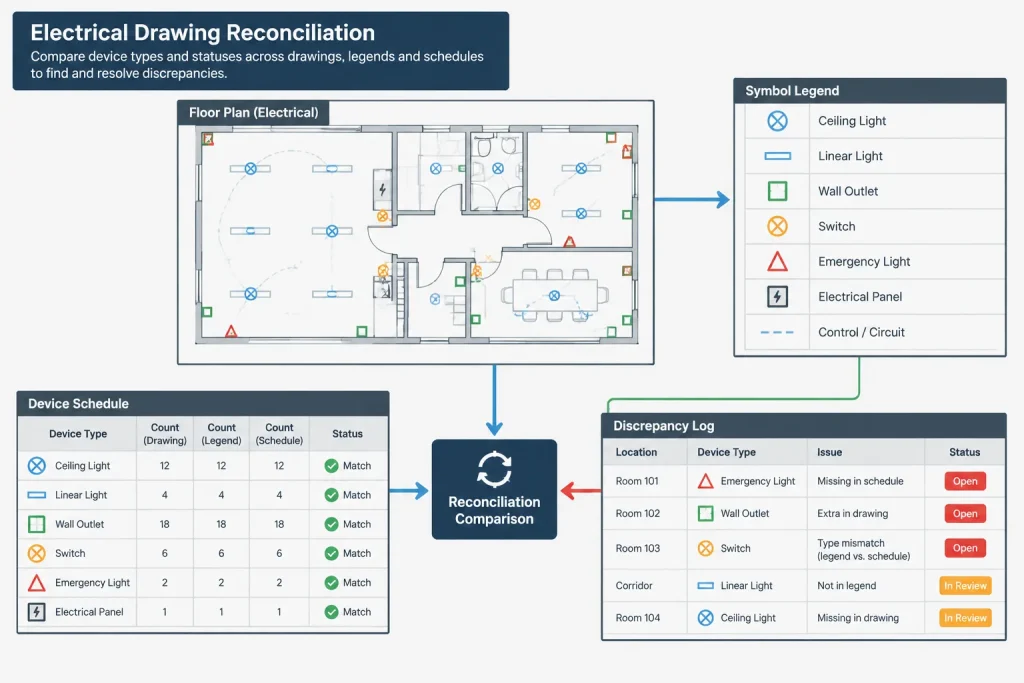 Electrical Device Count Verification in CAD: Reconciling Plans, Legends, and Schedules electrical CAD illustration