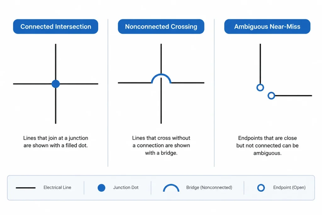 Electrical Diagram Line Crossings in CAD: Junction Dots, Bridges, and Connection Clarity electrical CAD illustration