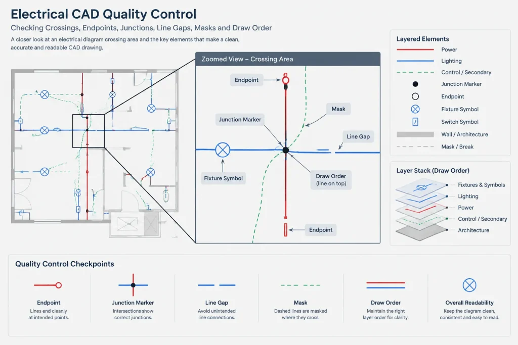 Electrical Diagram Line Crossings in CAD: Junction Dots, Bridges, and Connection Clarity electrical CAD illustration
