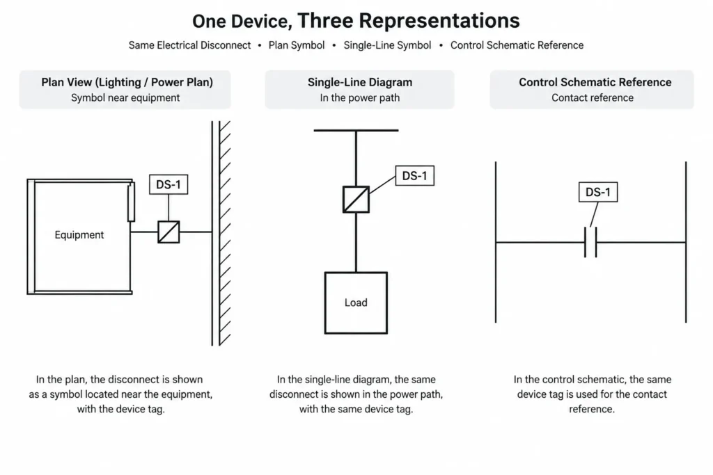 Electrical Disconnect Documentation in CAD: Coordinating Plans, One-Lines, and Schedules electrical CAD illustration