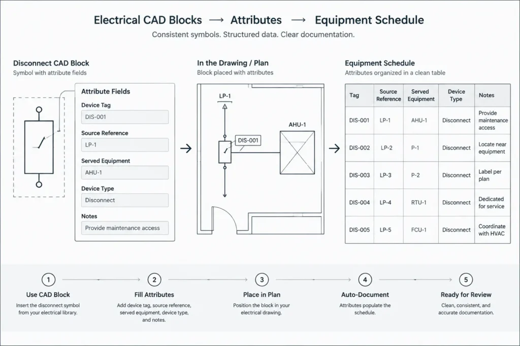 Electrical Disconnect Documentation in CAD: Coordinating Plans, One-Lines, and Schedules electrical CAD illustration