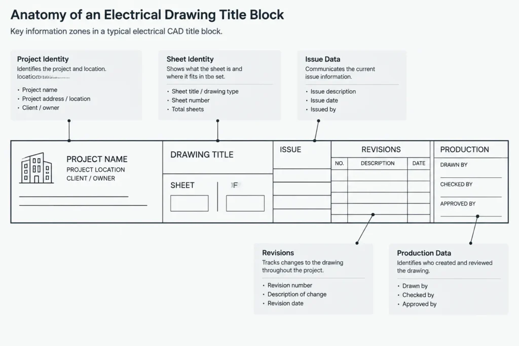 Electrical Drawing Title Blocks in CAD: Sheet Data, Attributes, and Issue Control electrical CAD illustration