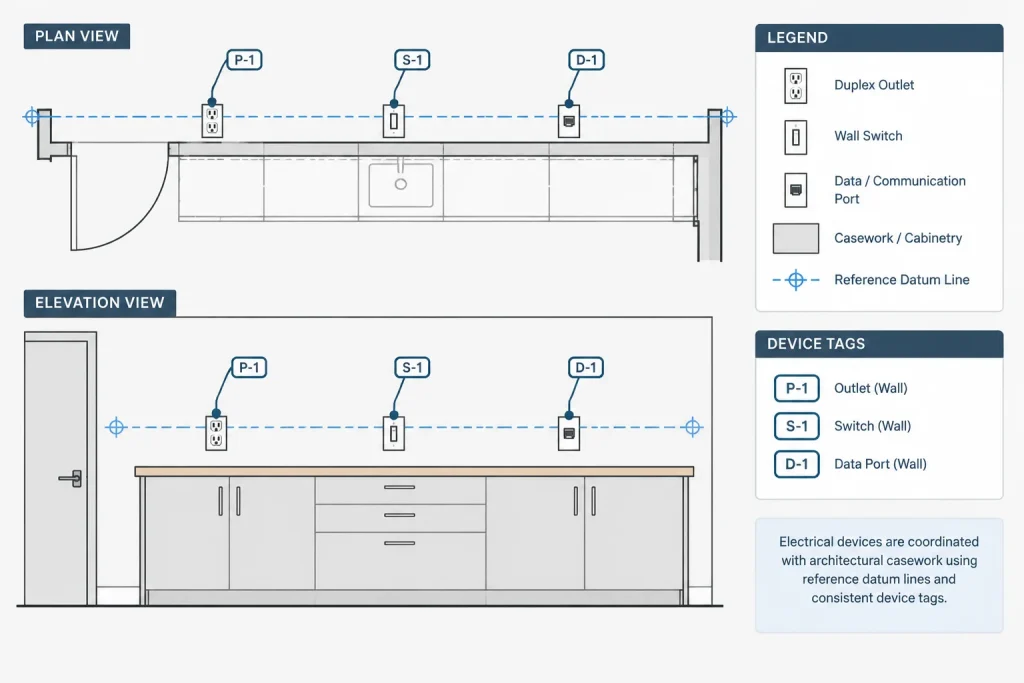 Electrical Mounting Height Documentation in CAD: Plans, Elevations, Schedules, and Notes electrical CAD illustration