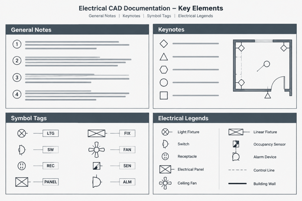 Electrical Plan Keynotes, General Notes, and Symbol Tags: A CAD Documentation Guide electrical CAD illustration