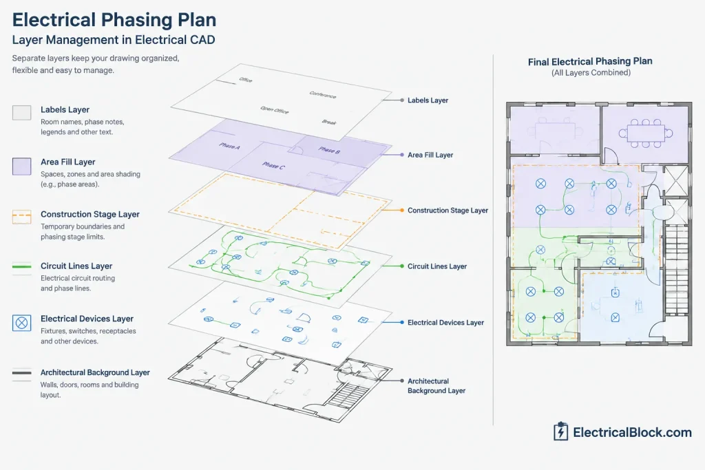 Electrical Plan Phasing in CAD: Work Areas, Sequence, and Drawing Coordination electrical CAD illustration