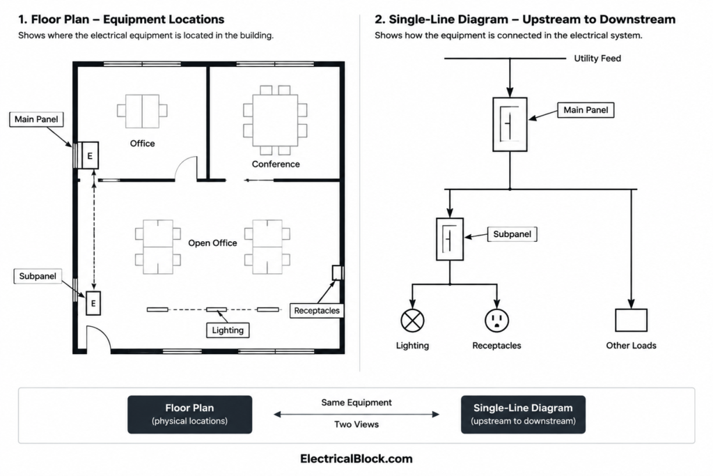 Electrical Plan vs Single-Line Diagram vs Schematic vs Wiring Diagram electrical CAD illustration