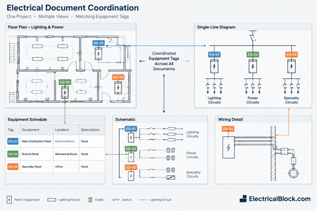 Electrical Plan vs Single-Line Diagram vs Schematic vs Wiring Diagram electrical CAD illustration