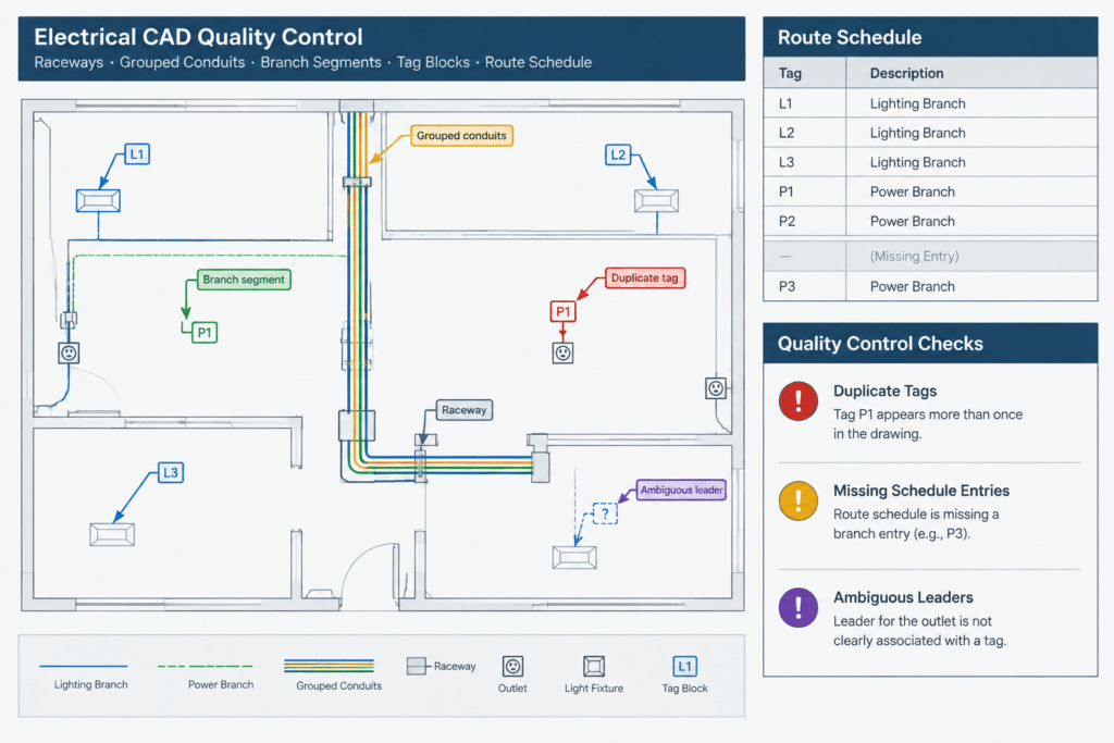 Electrical Raceway Tagging in CAD: Coordinating Plans, Sections, and Schedules electrical CAD illustration