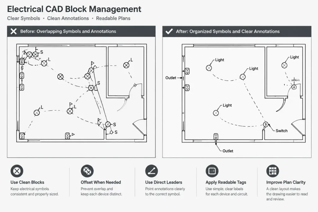 Electrical Symbol Placement in Crowded CAD Plans: Offsets, Leaders, and Readability electrical CAD illustration