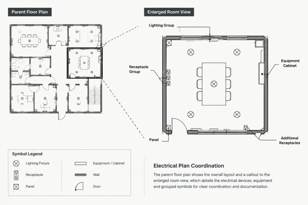 Electrical Symbol Placement in Crowded CAD Plans: Offsets, Leaders, and Readability electrical CAD illustration