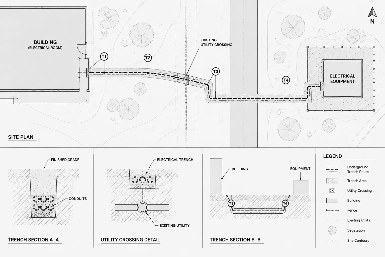 Electrical Trench and Utility Crossing Drawings in CAD: Plans, Profiles, and Sections