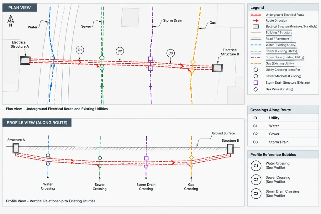 Electrical Trench and Utility Crossing Drawings in CAD: Plans, Profiles, and Sections electrical CAD illustration