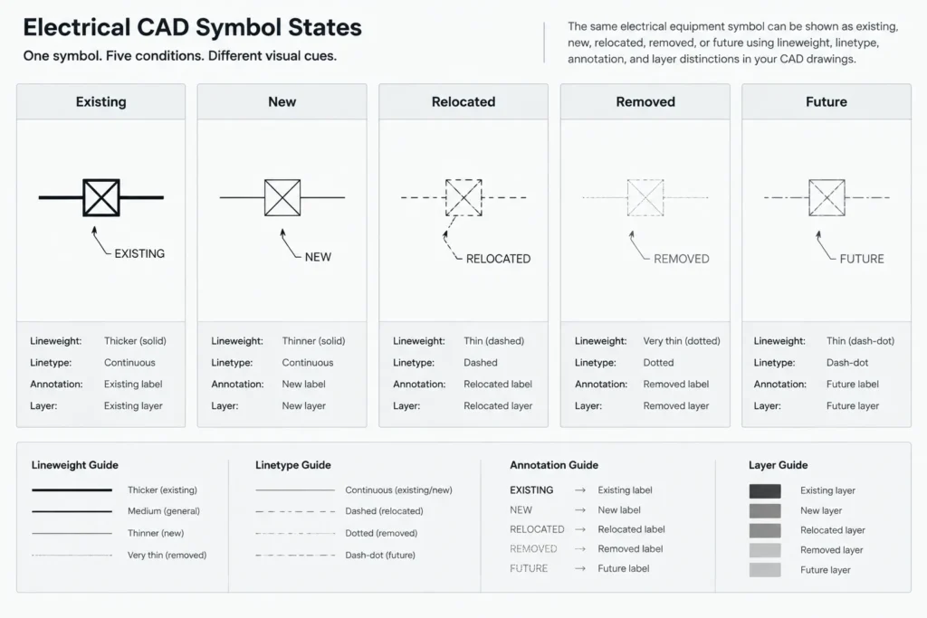 Existing, New, Spare, Space, and Future: Electrical Drawing Status Notation in CAD electrical CAD illustration