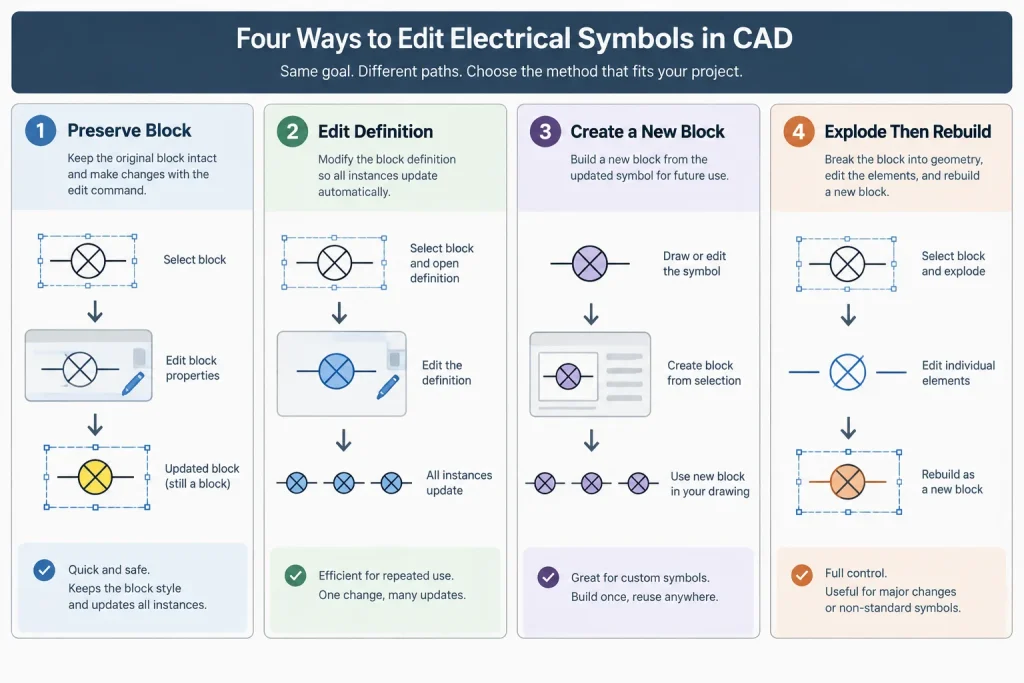 Exploding Electrical CAD Blocks: When to Preserve, Edit, or Rebuild Symbols electrical CAD illustration