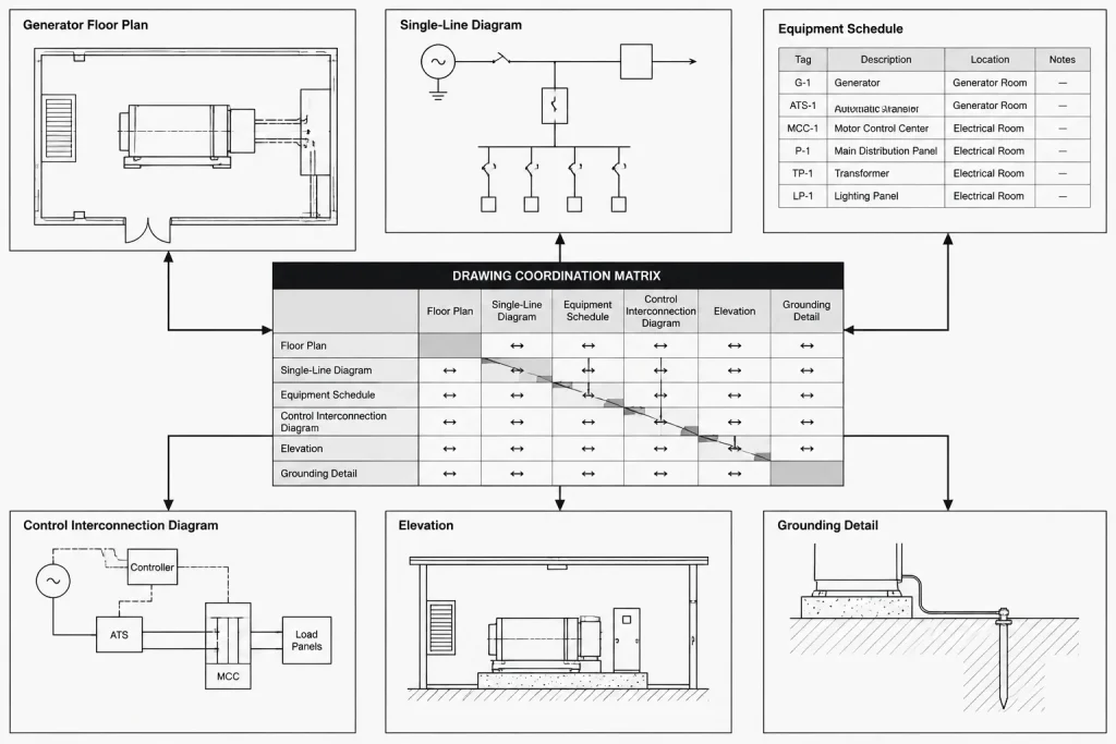 Generator Drawings in CAD: Coordinating Plans, One-Lines, Schedules, and Interfaces electrical CAD illustration