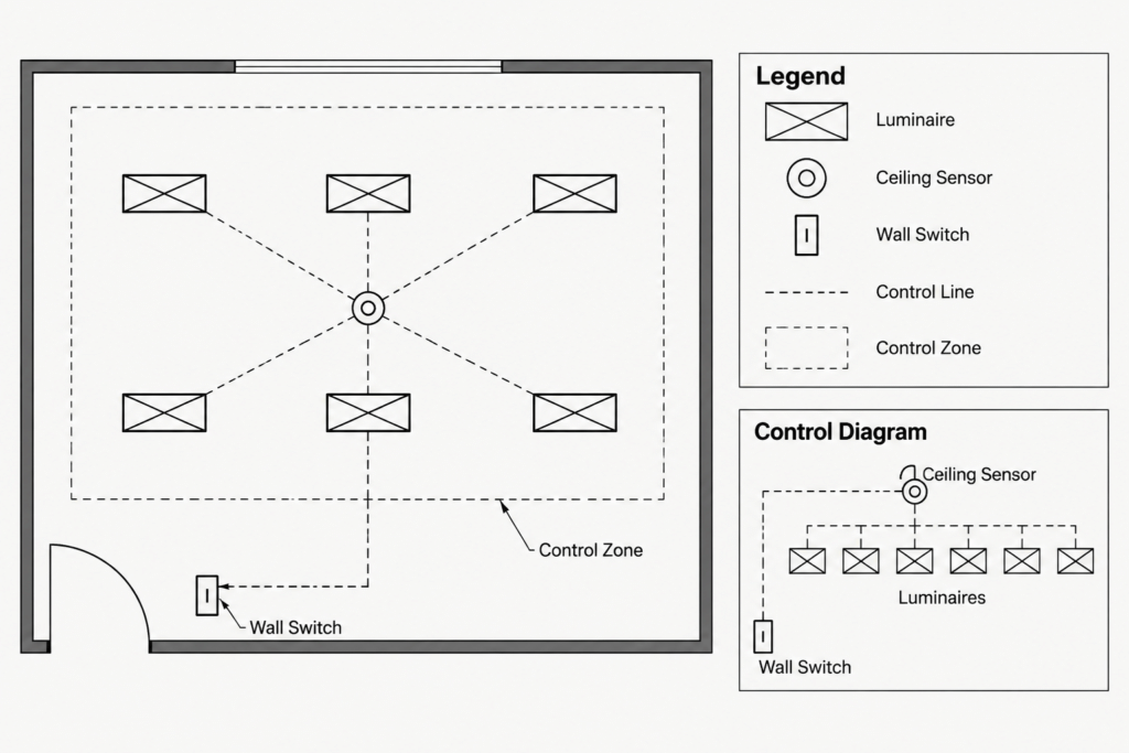 How to Draft a Lighting Control Plan in CAD: Zones, Devices, and Control Intent electrical CAD illustration