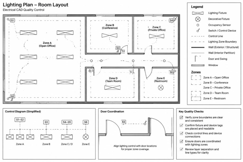 How to Draft a Lighting Control Plan in CAD: Zones, Devices, and Control Intent electrical CAD illustration