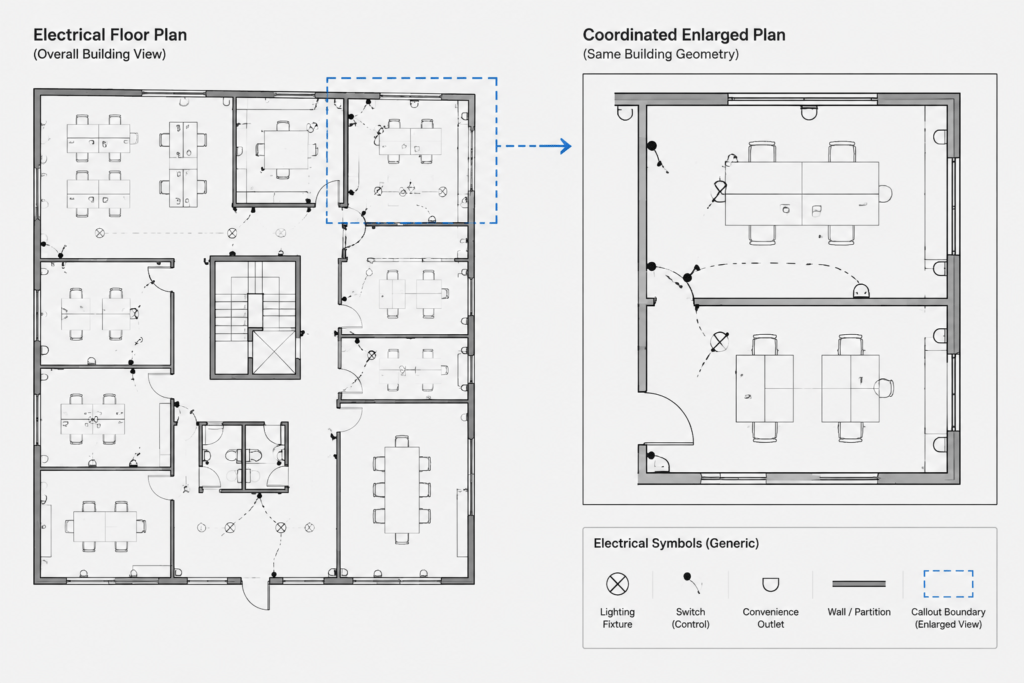 How to Draft Electrical Enlarged Plans, Match Lines, and Callouts in CAD electrical CAD illustration