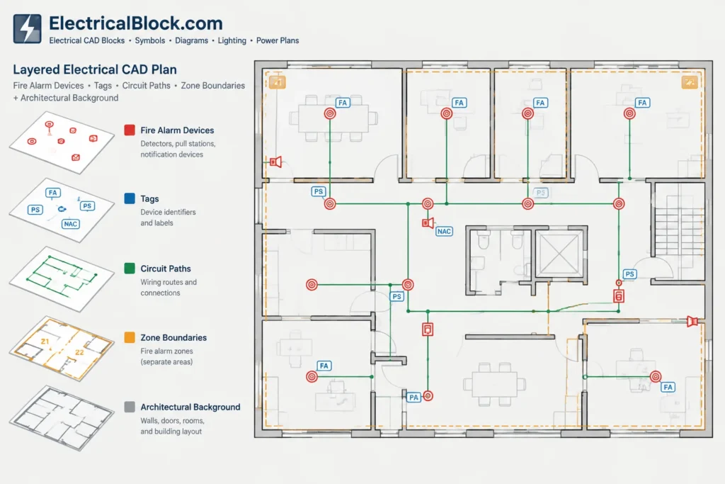 How to Draft Fire Alarm Plans in CAD: Devices, Circuits, Zones, and References electrical CAD illustration