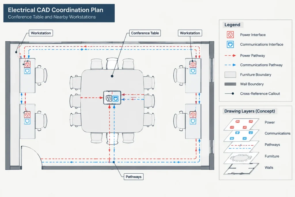 How to Draft Power and Data Connections for Modular Furniture in CAD electrical CAD illustration