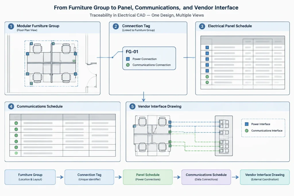 How to Draft Power and Data Connections for Modular Furniture in CAD electrical CAD illustration