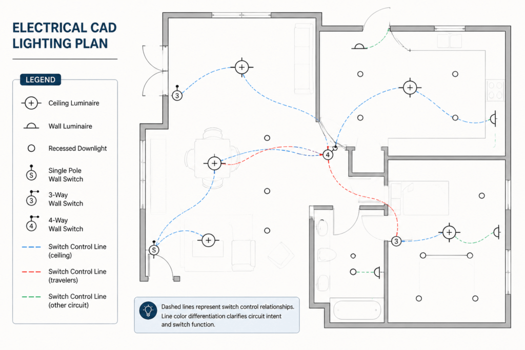 How to Read Electrical Circuit Lines, Home Runs, and Continuation References in CAD Plans engineering illustration