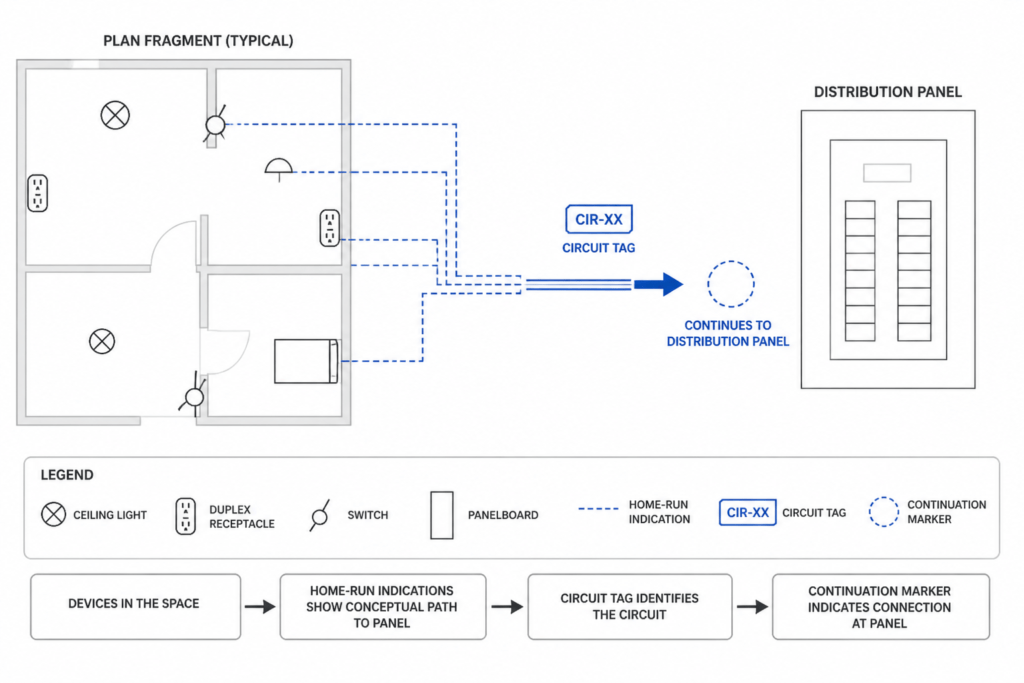 How to Read Electrical Circuit Lines, Home Runs, and Continuation References in CAD Plans engineering illustration