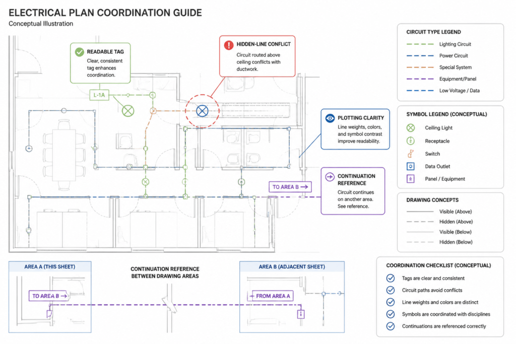 How to Read Electrical Circuit Lines, Home Runs, and Continuation References in CAD Plans engineering illustration
