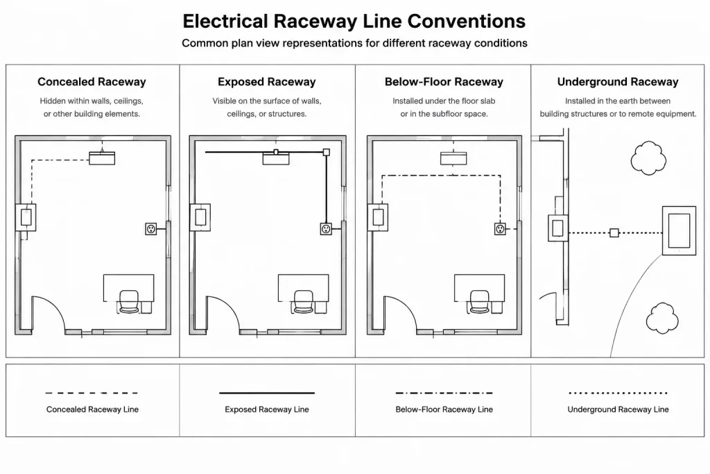 How to Show Concealed, Exposed, and Underground Raceway in Electrical CAD Plans electrical CAD illustration