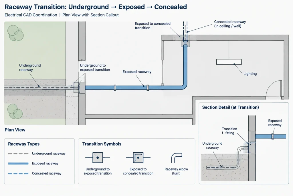 How to Show Concealed, Exposed, and Underground Raceway in Electrical CAD Plans electrical CAD illustration