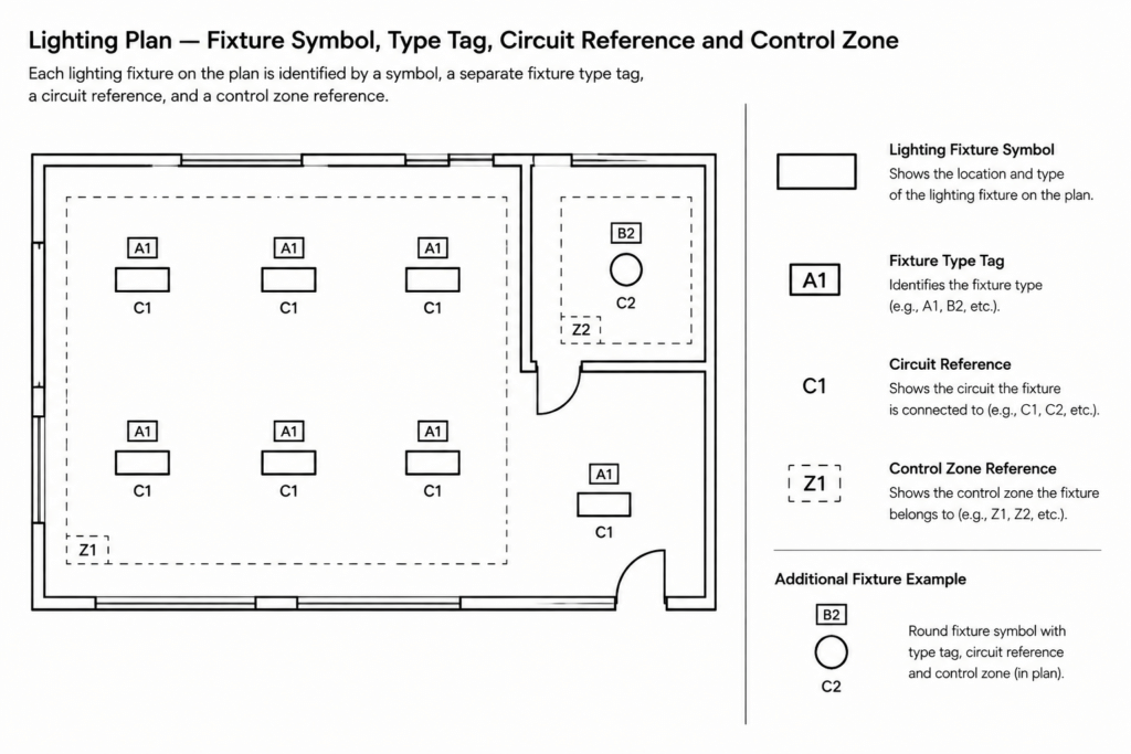 Lighting Fixture Schedules in CAD: Coordinating Types, Plans, Controls, and Details electrical CAD illustration
